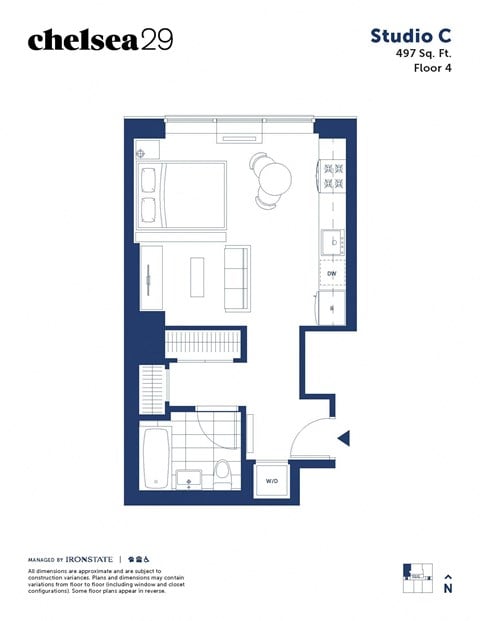 Floor plan for studio, 1 bath, 497 sqft